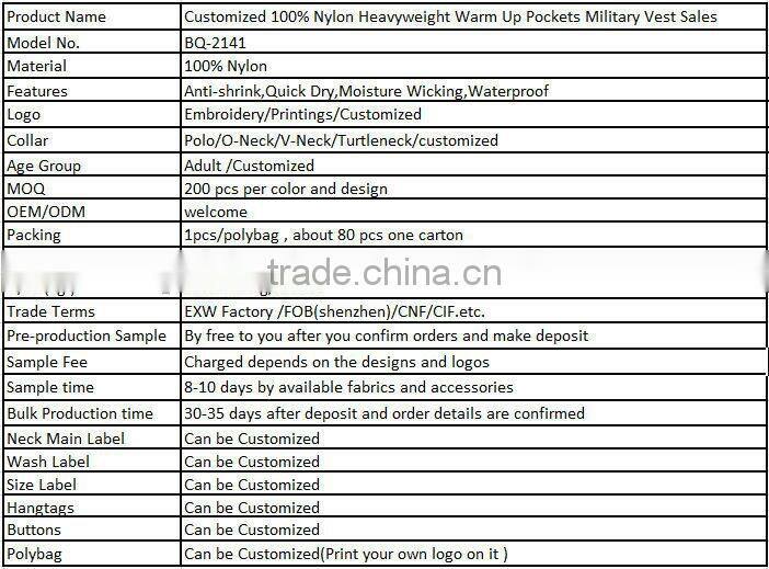 Customized 100% Nylon Heavyweight Warm Up Pockets Military Vest Sales