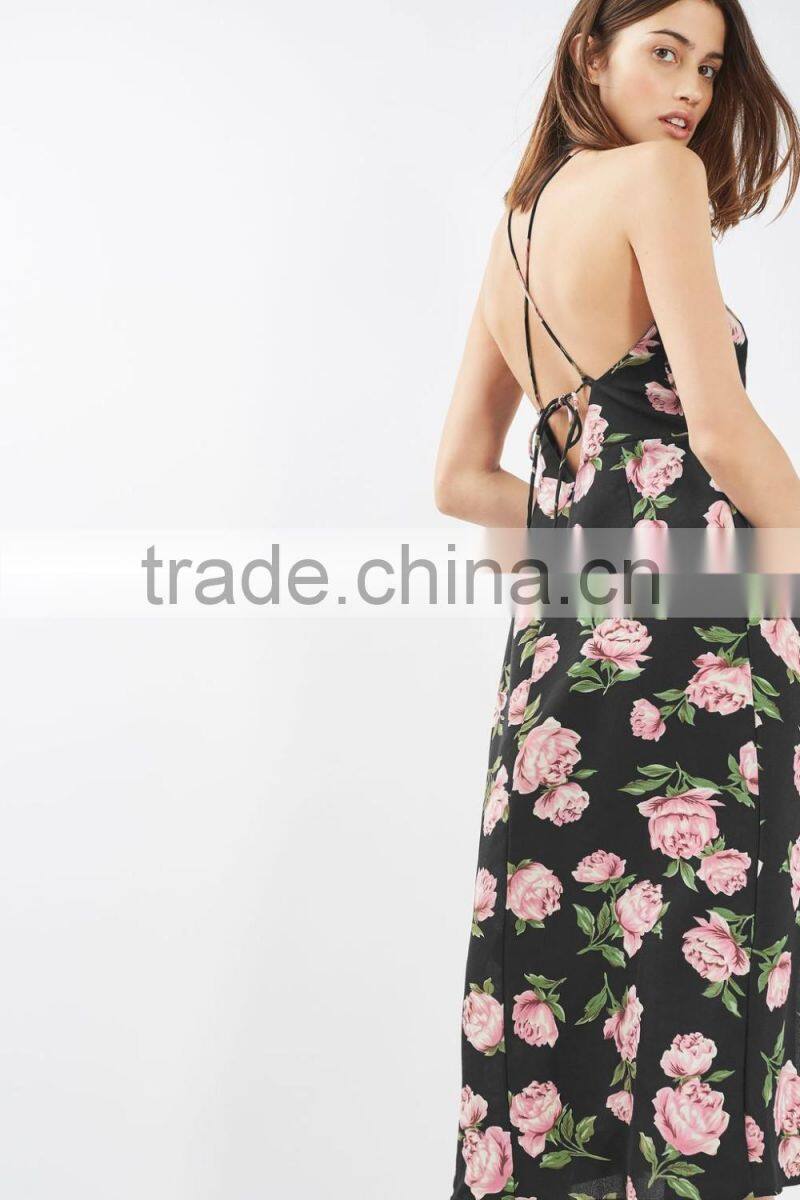 Floral print high neck midi dress with low back and strappy detail