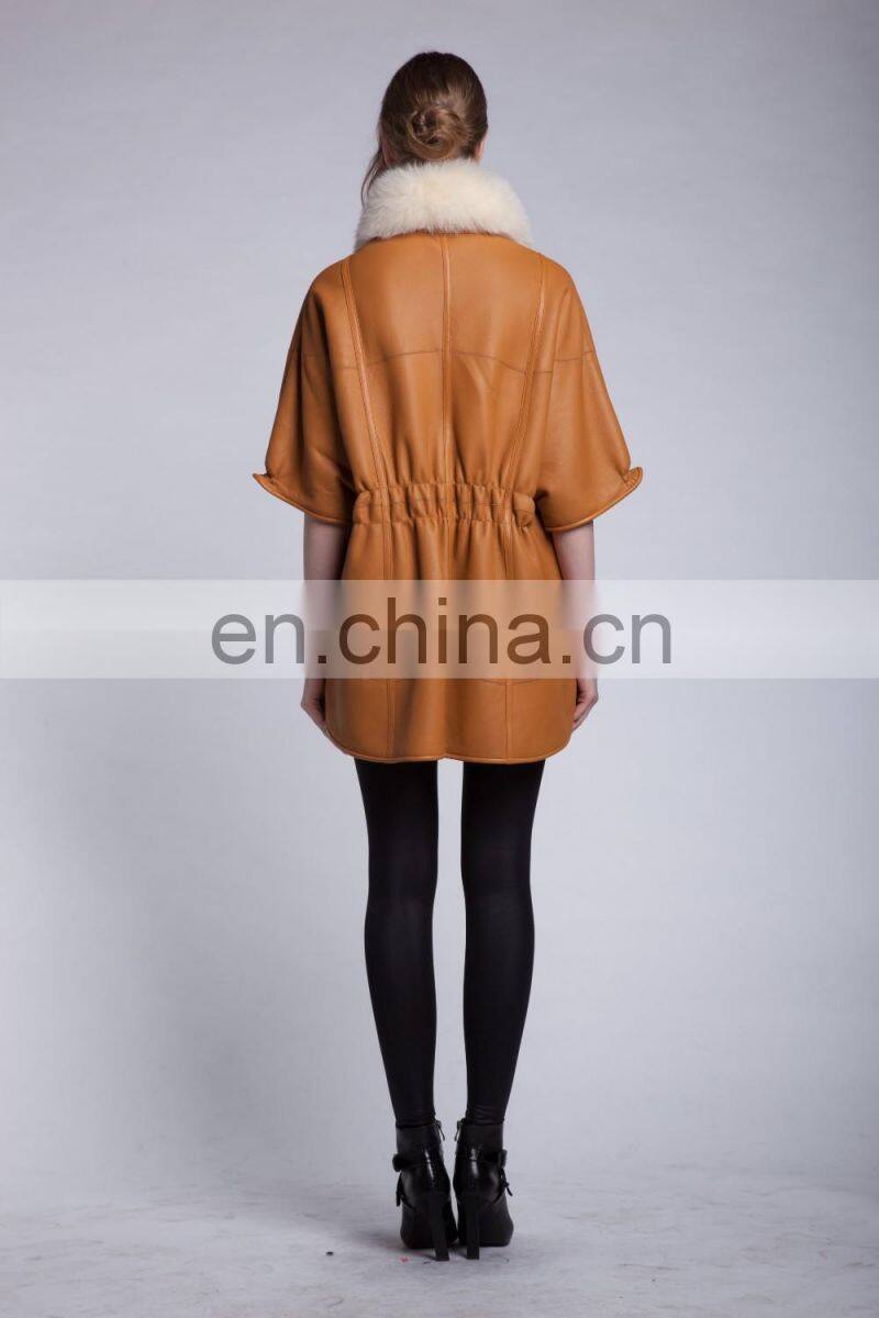 Winter Fur And Leather Overcoat Fox Fur Collar Sheepskin Fur Coat Cream Collar Lamb Fur Jacket