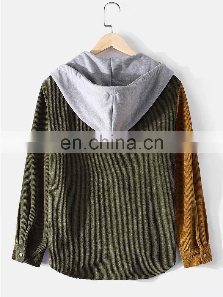Wholesale custom LOGO Amazon spring and autumn 100% cotton corduroy multi-pocket hooded men's long-sleeved shirt men's plus size