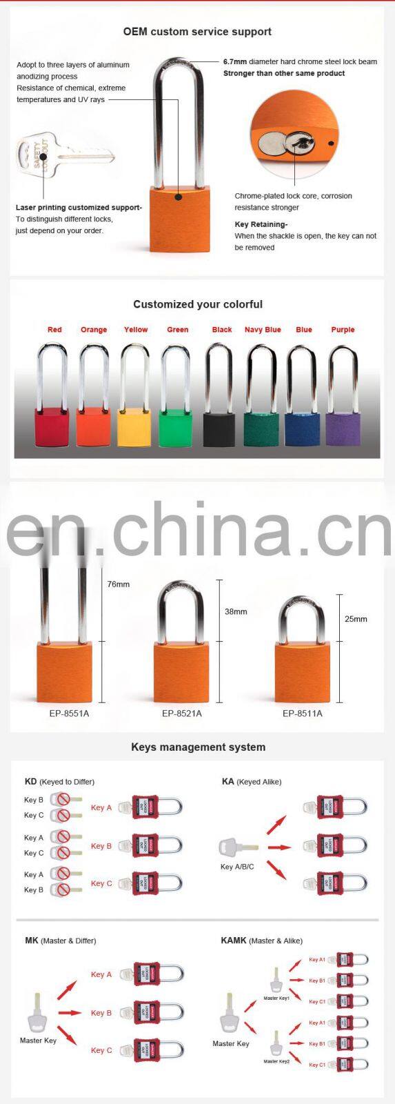Bulk Rectangular Long Shackle Colorful Aluminium Safety Padlock