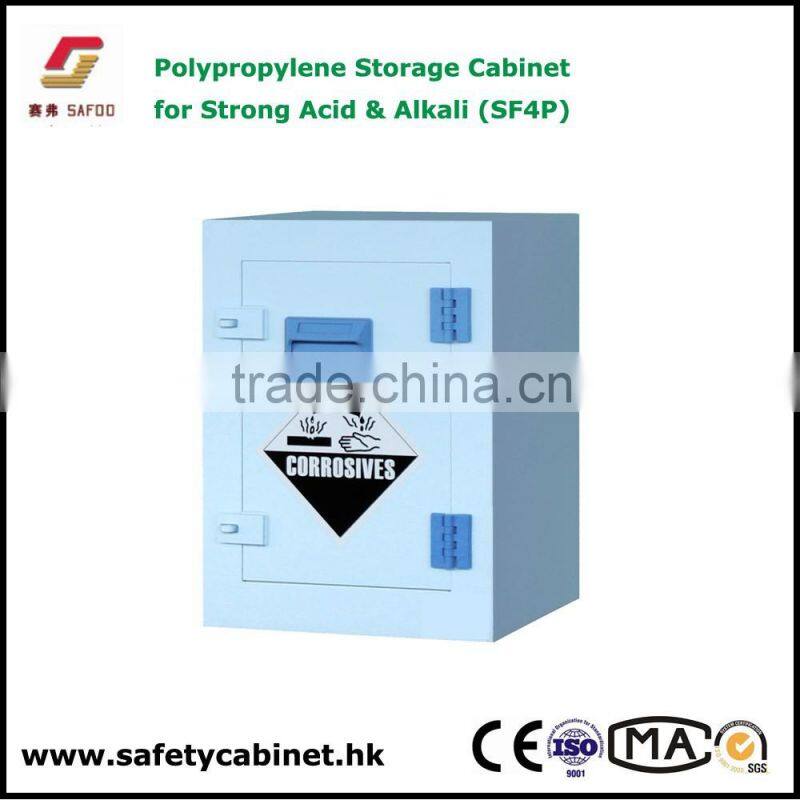 Mini white poly acid corrosive storage cabinets 2 padlocks six 2-1/2 liter bottles storage 1 door