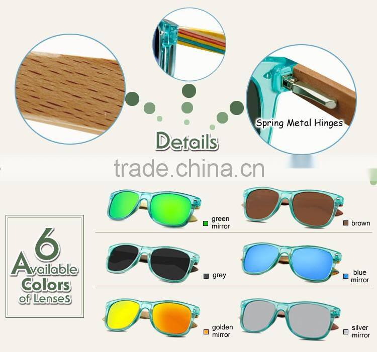 Combination sunglasses 2016 transparent green plastic frames mirror lens bamboo legs sunglasses