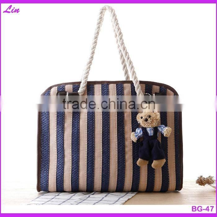 Ladies fashion blue stripe beach straw bag