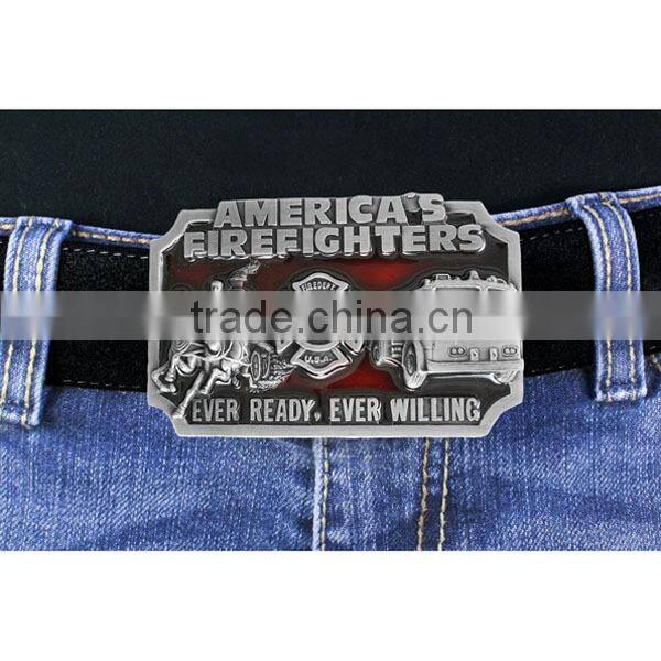 A Scene Of Firemen Rescuing People From A Fire With The Words "Fire Fighter" At The Top Pewter And Enamel Belt Buckle