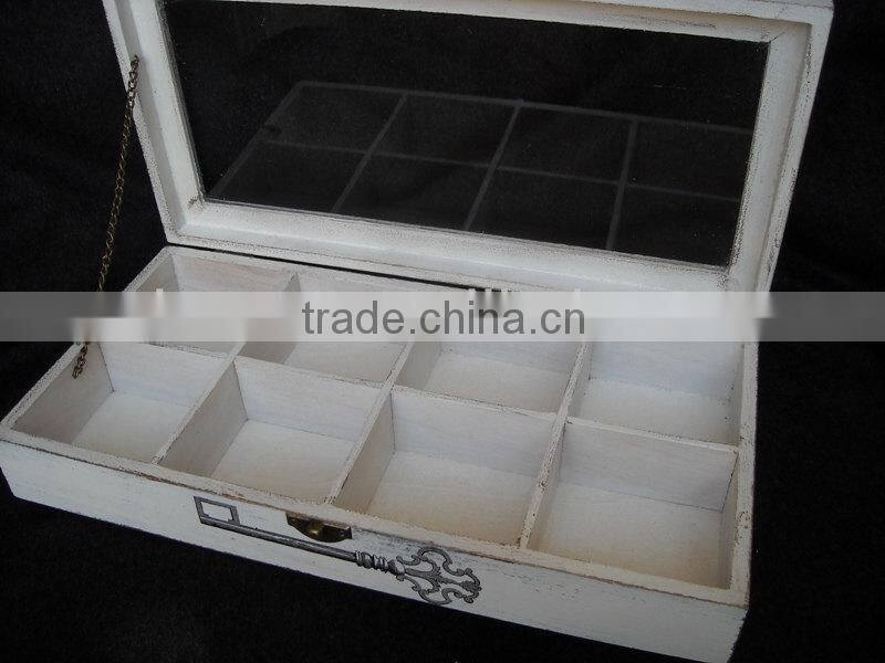 8 grids white wood sundries storage box with glass cover