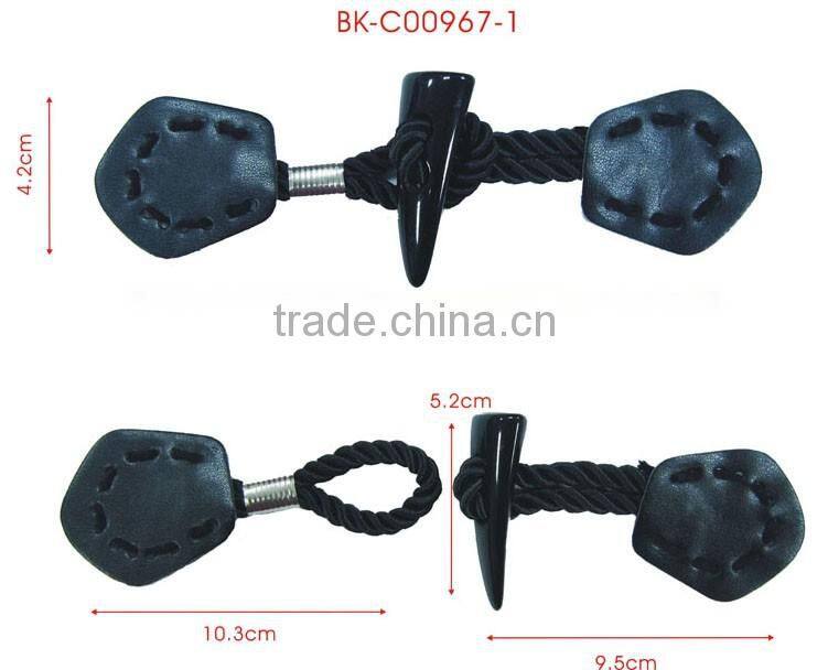 Black Leather Cotton Yarn Twist Cord Rhodium Metal Coat Leather Toggle Buttons