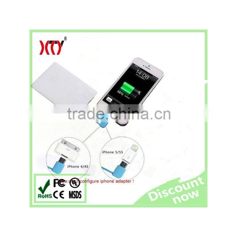 2500mAh lithium polymer battery credit card super slim Power Bank with built-in cable for phone digital device charger
