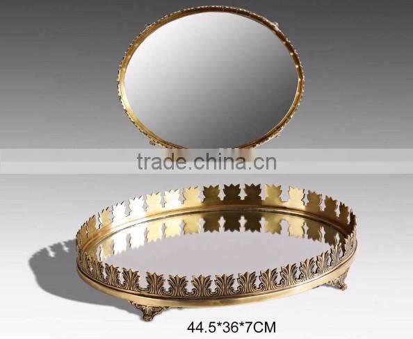 Unique Design Brass Oval Mirror Tray, Hand Engraved Gilt Bronze Serving Tray With Mouthed Edge