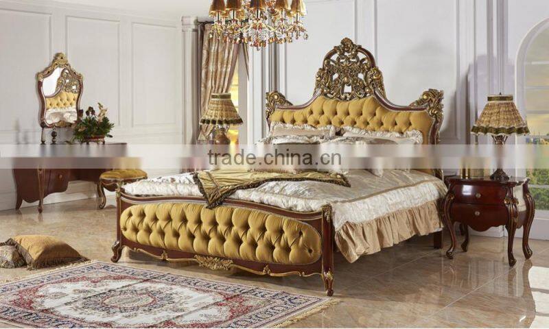 Luxury Gold Painting Royal Bed With Night Stand, Antique Solid Wood Carved Bedroom Set, Palace Design Wood Bedroom Furniture Set