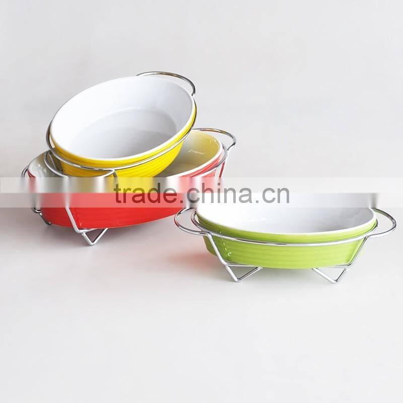 3PCS Stoneware Casserole With Solid Color and Rack
