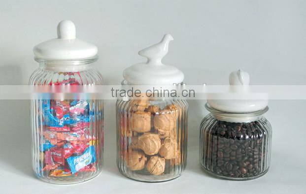 vertical stripe glass storage canning jar with bird apple ceramic lid
