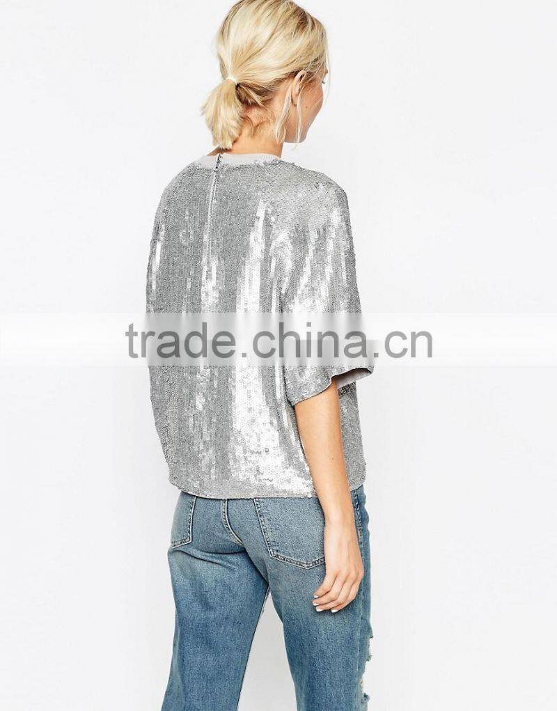fashionable long sleeve o-neck ladies sequins sparkling t-shirt design