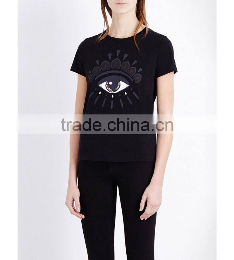 Wholesale Women Short Sleeves Black Front-printed T-shirt(DQE0073T)