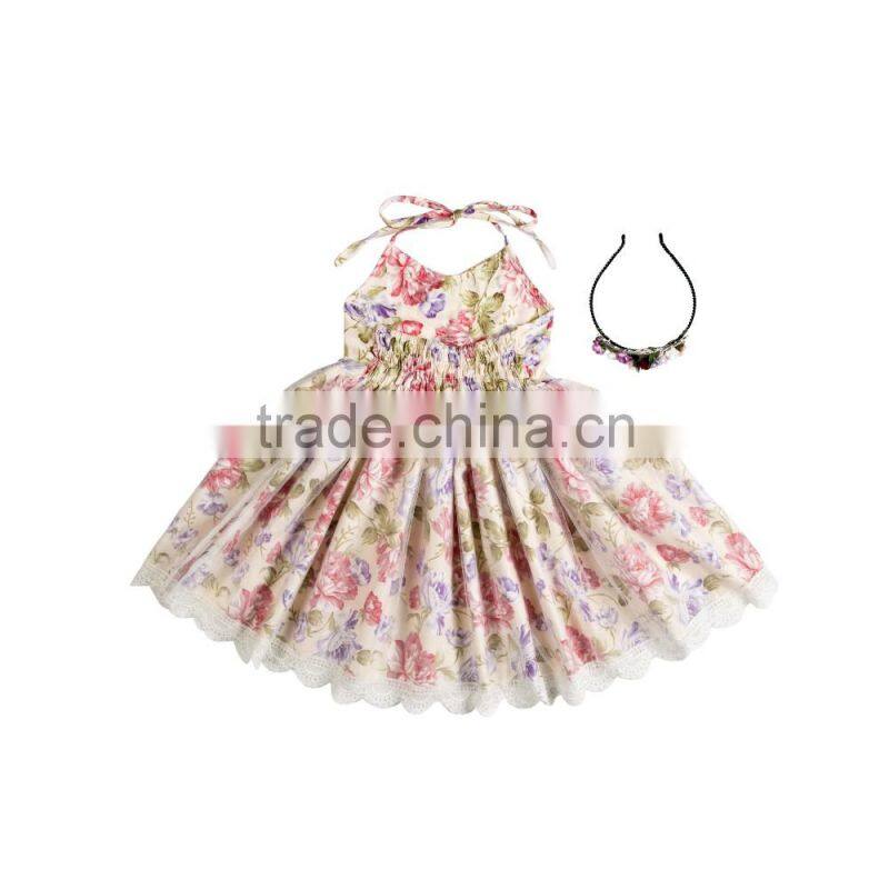 Boutique baby clothing girl spring dress girl flower dress with headband