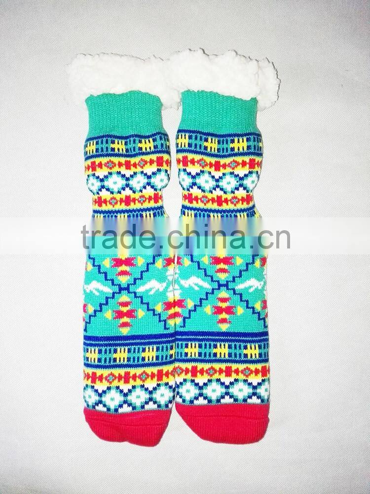 Ladies Chunky Thermal Knitted Fluffy Fleece Lined Fairisle Pattern Winter Slipper Socks