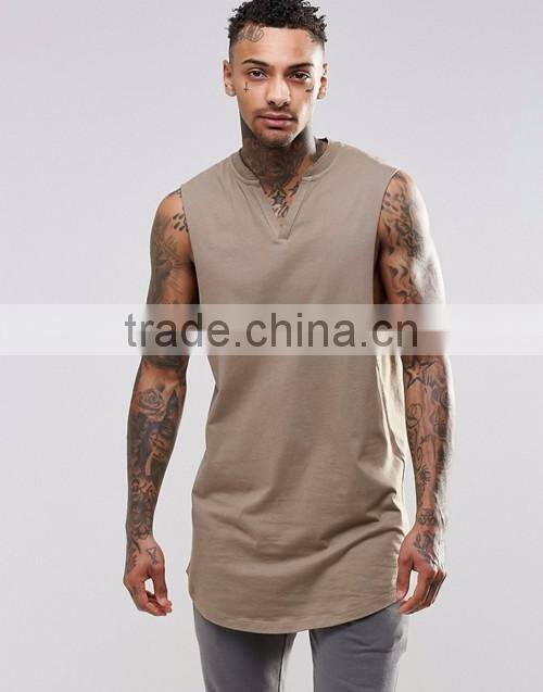 Men 100% cotton blank super long line notch neck sleeveless tee shirt factory suppliers in China
