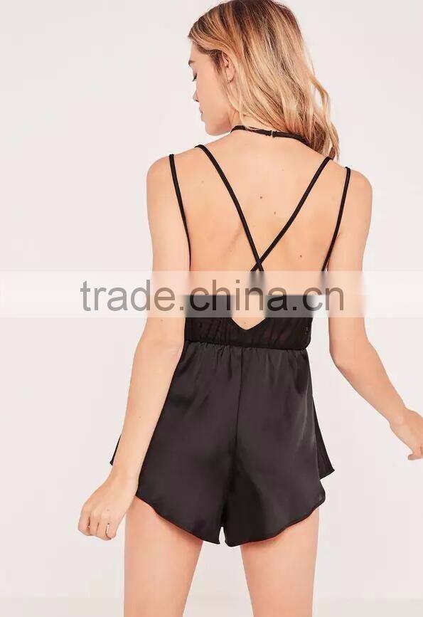 2017 Sexy Black Satin Pyjama Set Embroidered Custom Logo Harness Sweet Floral Teddy With Elasticated Waist