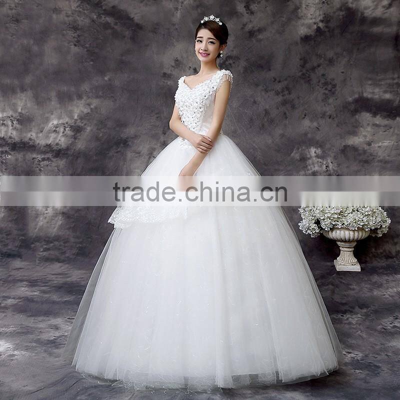 2016 New Women White Wedding Dress Sleeveless Beaded Wholesale OEM