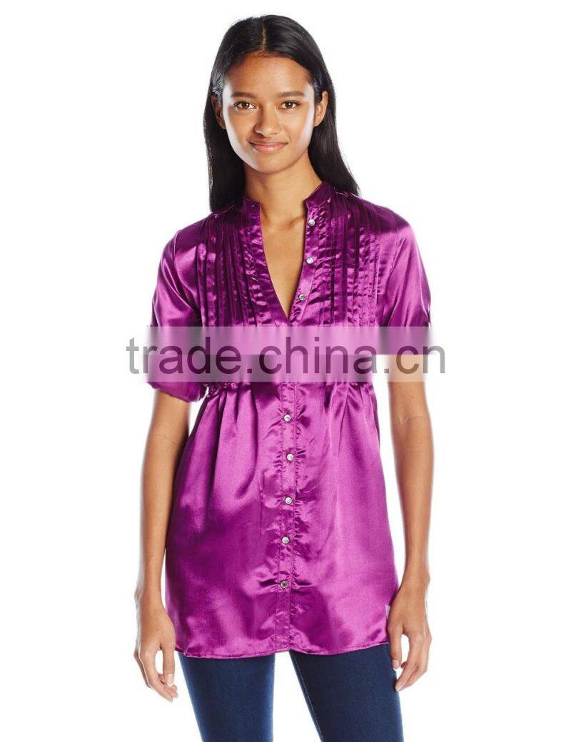 Roll 3/4 Tab Sleeve Satin Pintuck Tunic Dress
