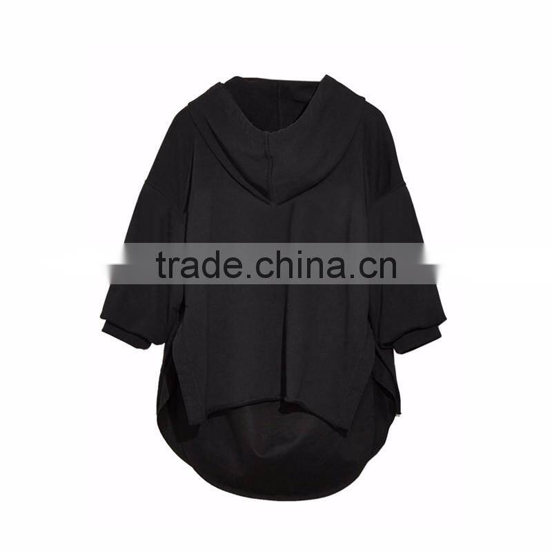 Black Drop Shoulder Split Side Paneled Hoodie for Ladies