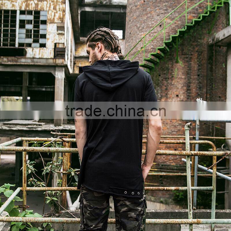 Men Black zipper o ring Hip hop t shirt with hood