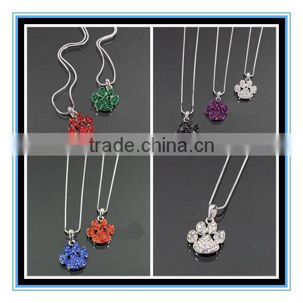 2015 fashion colorful crystal paw print necklace with snake chain
