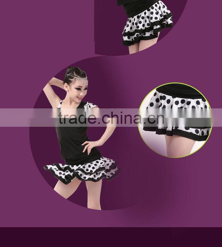 Children Polka Dot Salsa Samba Tango Ballroom Latin Skirts Suit Girls Kids Unequal Dew Shoulder Latin Dance Dress