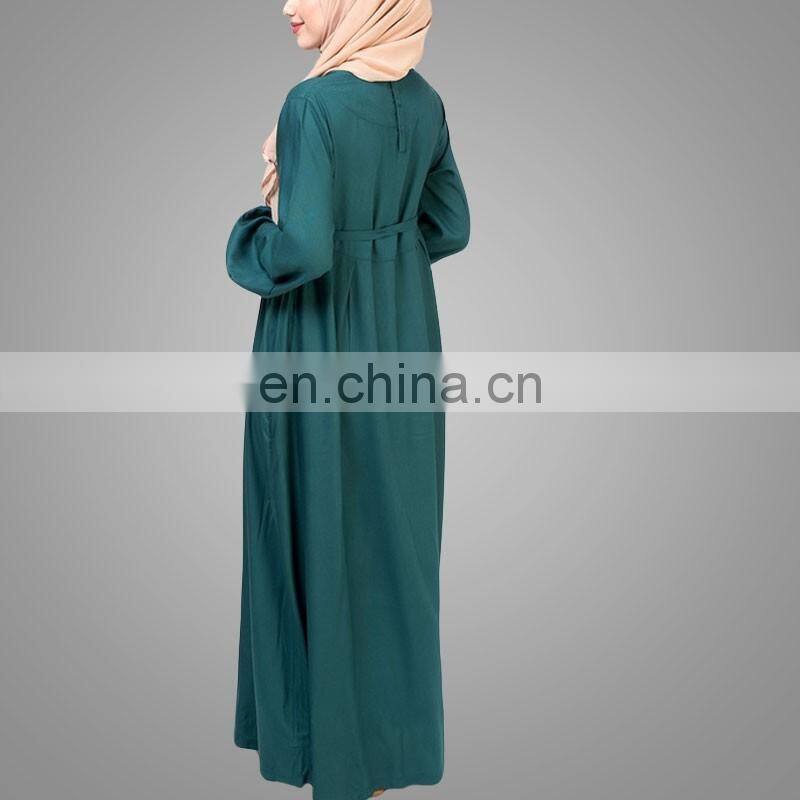 2017 New islamic Design Long Muslim Kaftan Dress Abaya Teal Flared Maxi Dresses Women Simple Long Abaya