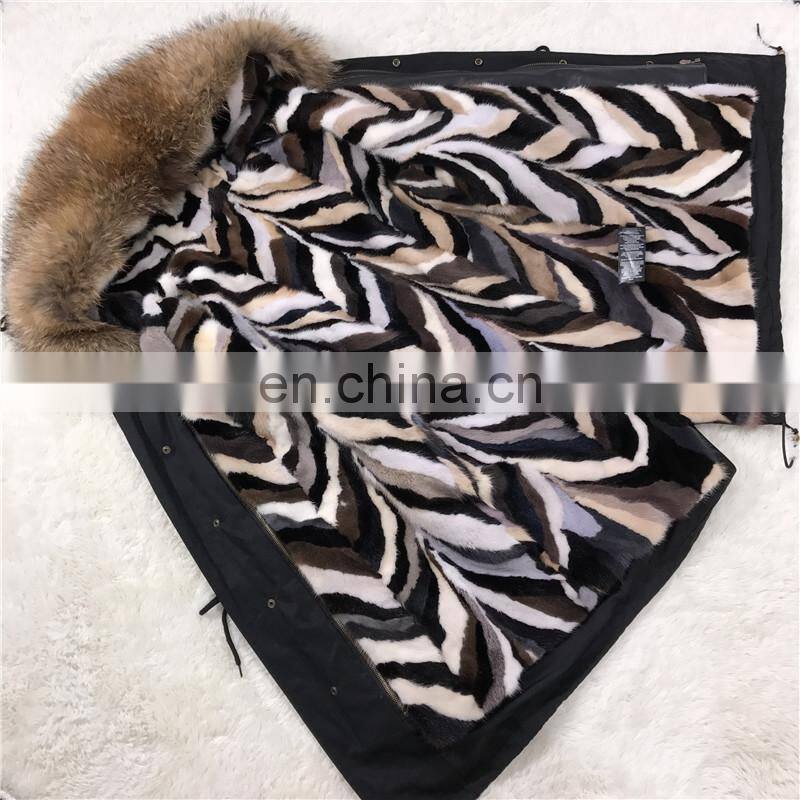 High Quality Short Military Woman Real Fur Parka Genuine Raccoon Fur Hood with Mink Fur Lining Coat