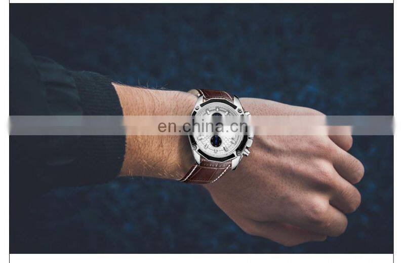 MEGIR 2015 Men Leather Strap Analog Chronograph Calendar Wrist Watch Military Sport Men Wristwatch