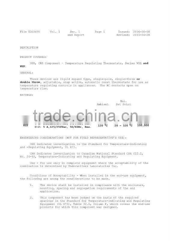 Salamander capillary thermostat with UL certificate WYE series