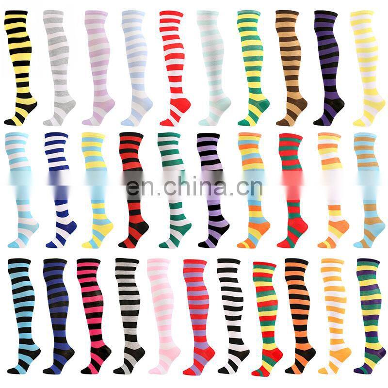 High Quality Cheap Cosplay Long Girls Women Stripe Thigh Over Socks Polyester Cotton Rainbow Sexy Striped Knee High Socks
