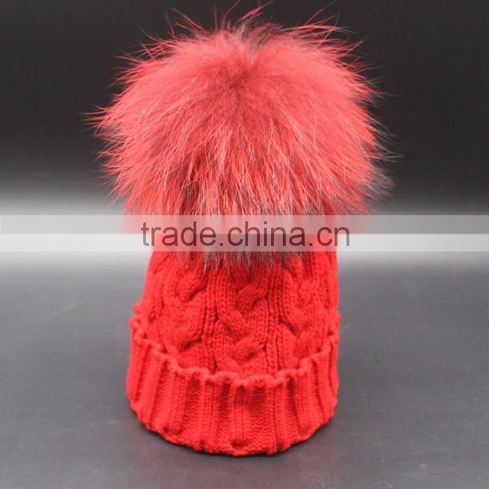 Wholesale New Colorful Detachable Raccon Fur Pompom Fashion Girls Winter Caps