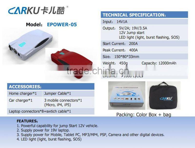 Carku 12000mah car accessories mini emergency 12v jump starter for laptop