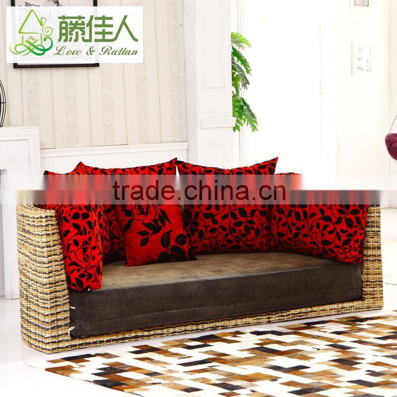 Half Circle Water Hyacinth Natural Rattan Leather Round Sofa Cum Bed