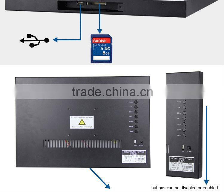 Indoor 22" metal case 1080P HD lcd loop video advertising display