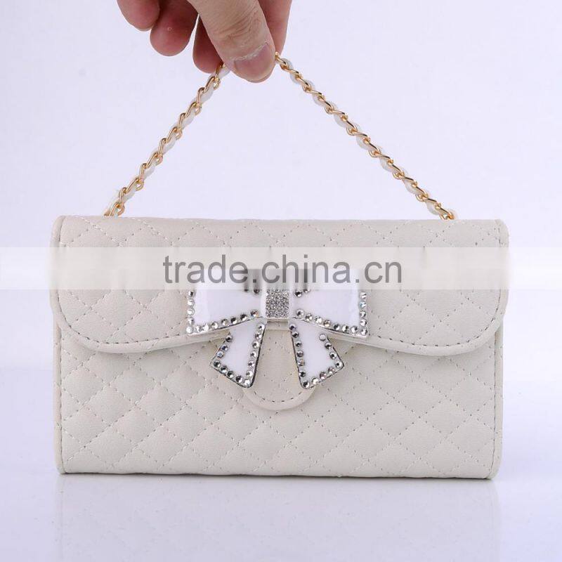Wallet Design Bright Grid Handbag Magnetic Flip PC PU Leather Case for Samsung Galaxy S6 with Rhinestone Bowknot Buckle