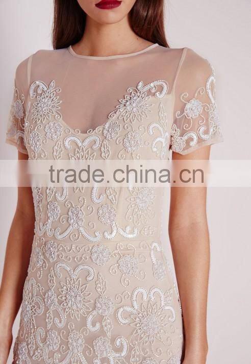 premium embellished cap sleeve mesh maxi dress nude