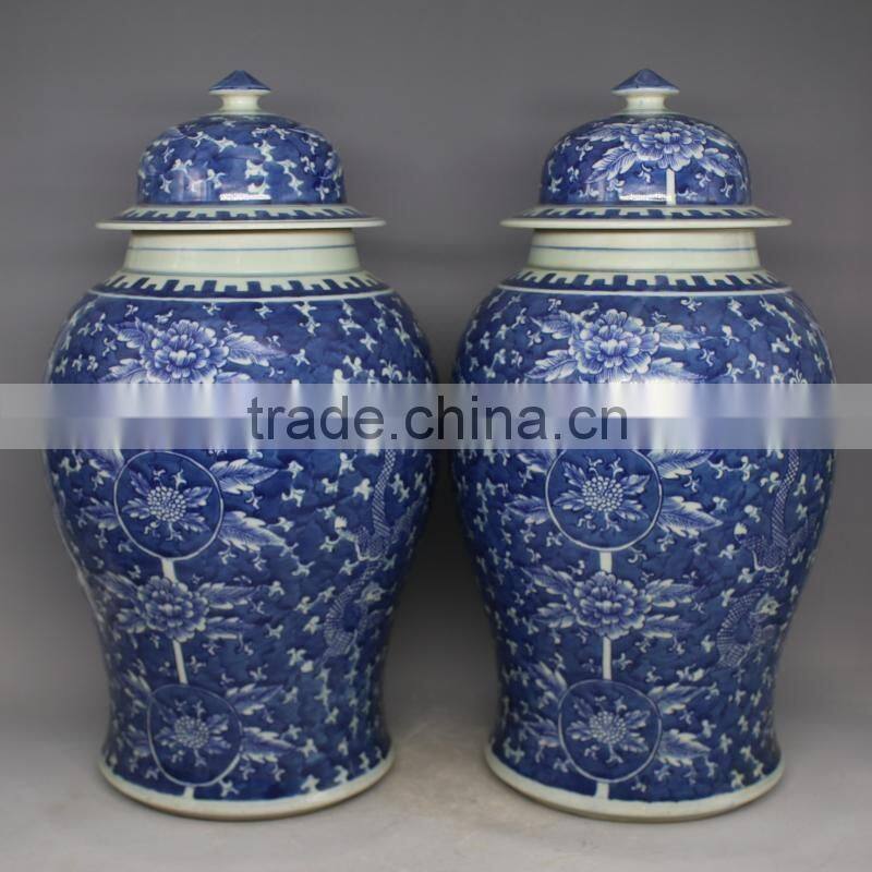 Large decorative temple jar chinese blue and white ginger jar with floral painting