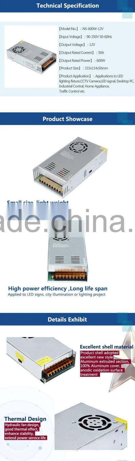 High power 600W 12V Normal Indoor Series LED Power Supply with CE ROHS