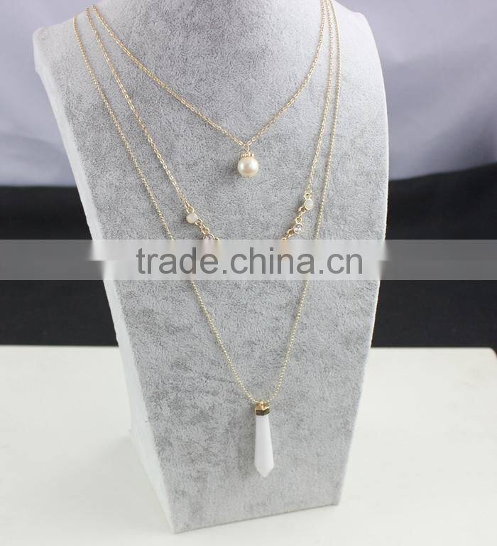 2015 Newest 3rows Natural Opal Stone and Pearl Pendant Necklace