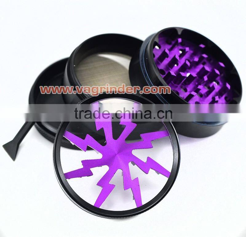 Lightning Aluminum 4-Part Tobacco Spice Tea Herb Grinder (2.5") with Pollen Catcher, Cleaning Brush and Scraper (Orange)