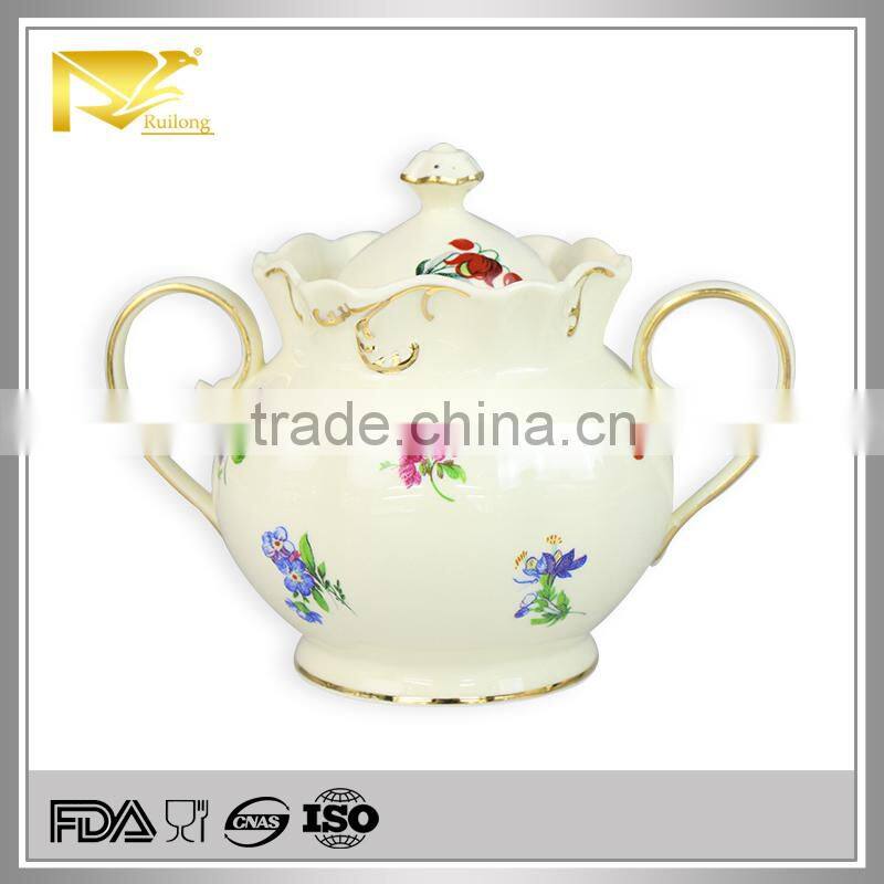 china wholesale white gold ceramic sugar mason jar with handle lid