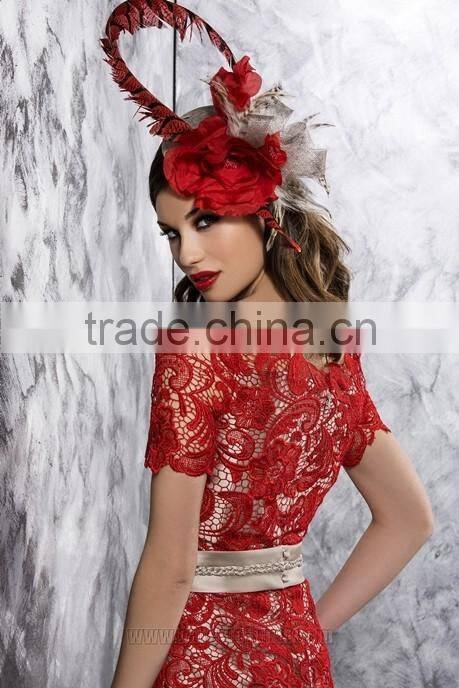 New Elegant Plus Size Knee Length Wedding Dress Bateau Short Sleeve Red Mother of the Groom Bride Lace Dresses Short 2015(MM04)