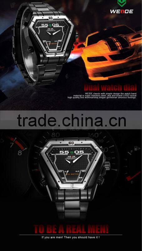 2015 China suppiler stainless steel triangel design black dial LED christmas promotion gift wristwatch(WEIDE-WH1102)