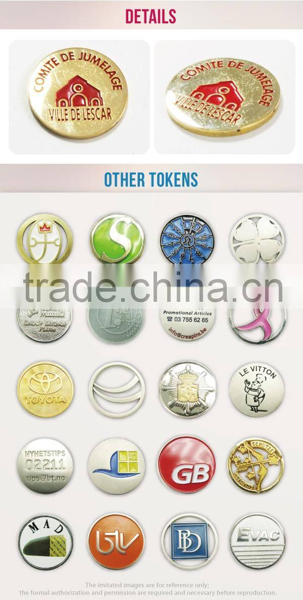 China Supplier cheap custom embossed cut out gold plated trolley token maker