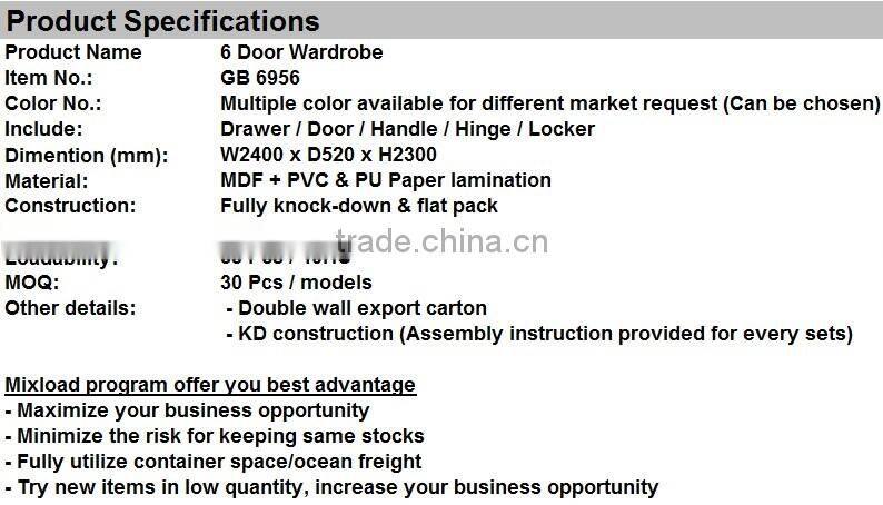 Big Wardrobe Closet, MDF 6 Doors Wardrobe, Malaysia Bedroom Furniture Designs