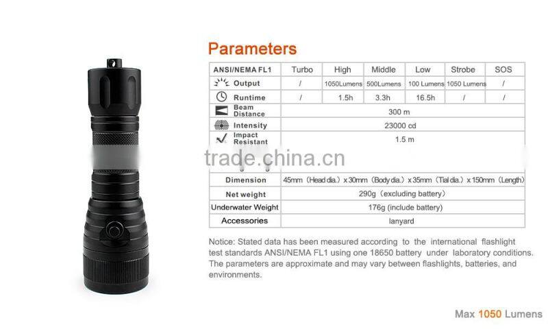 High end ip 68 good looking diving led flashlight for professional divers