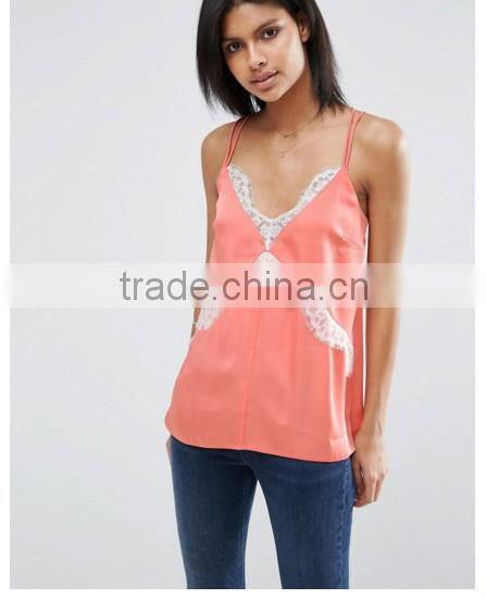 Sexy Spaghetti Strap design Lace Insert Latest fancy tops girls